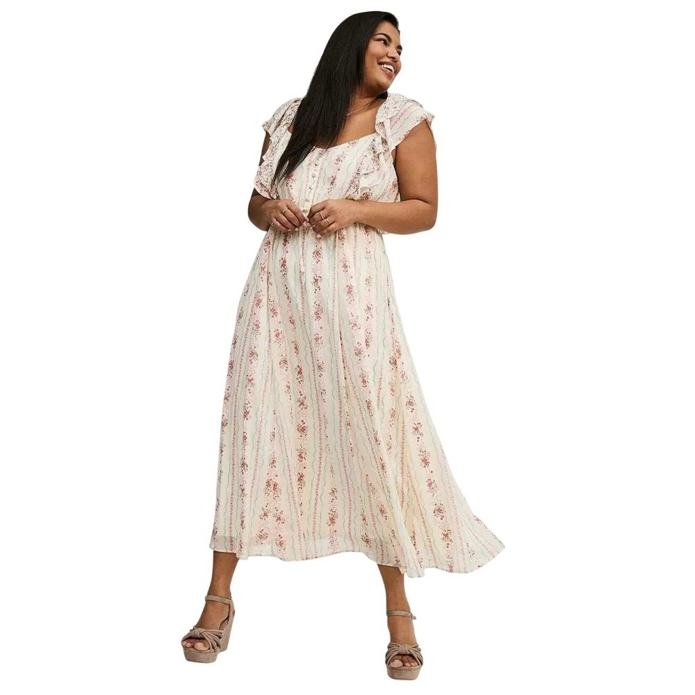 torrid Women's Ruffle Chiffon Cottagecore Sweetheart Neckline Midi Dress Sz XL - Picture 2 of 15
